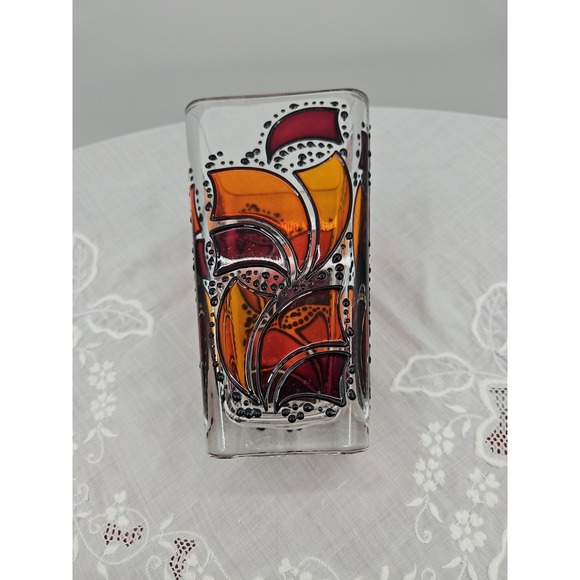 Handpainted German Stainglass Style Vase Black Orange And Maroon On Clear Glass - Picture 7 of 10
